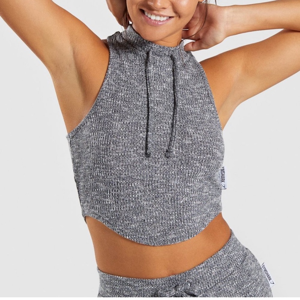 Gymshark gray slounge ribbed crop top drawstrings sleeveless